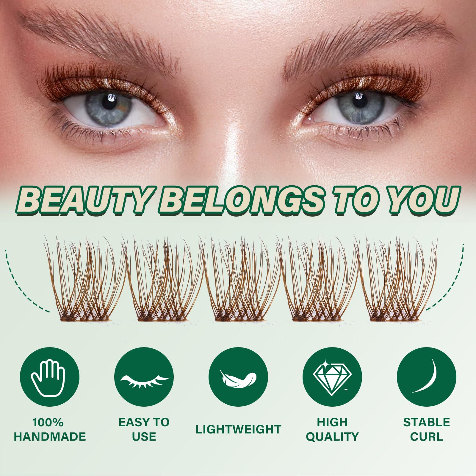 KEYYOU Brown Lash Clusters soft-material close-up emphasizes lightweight comfort.