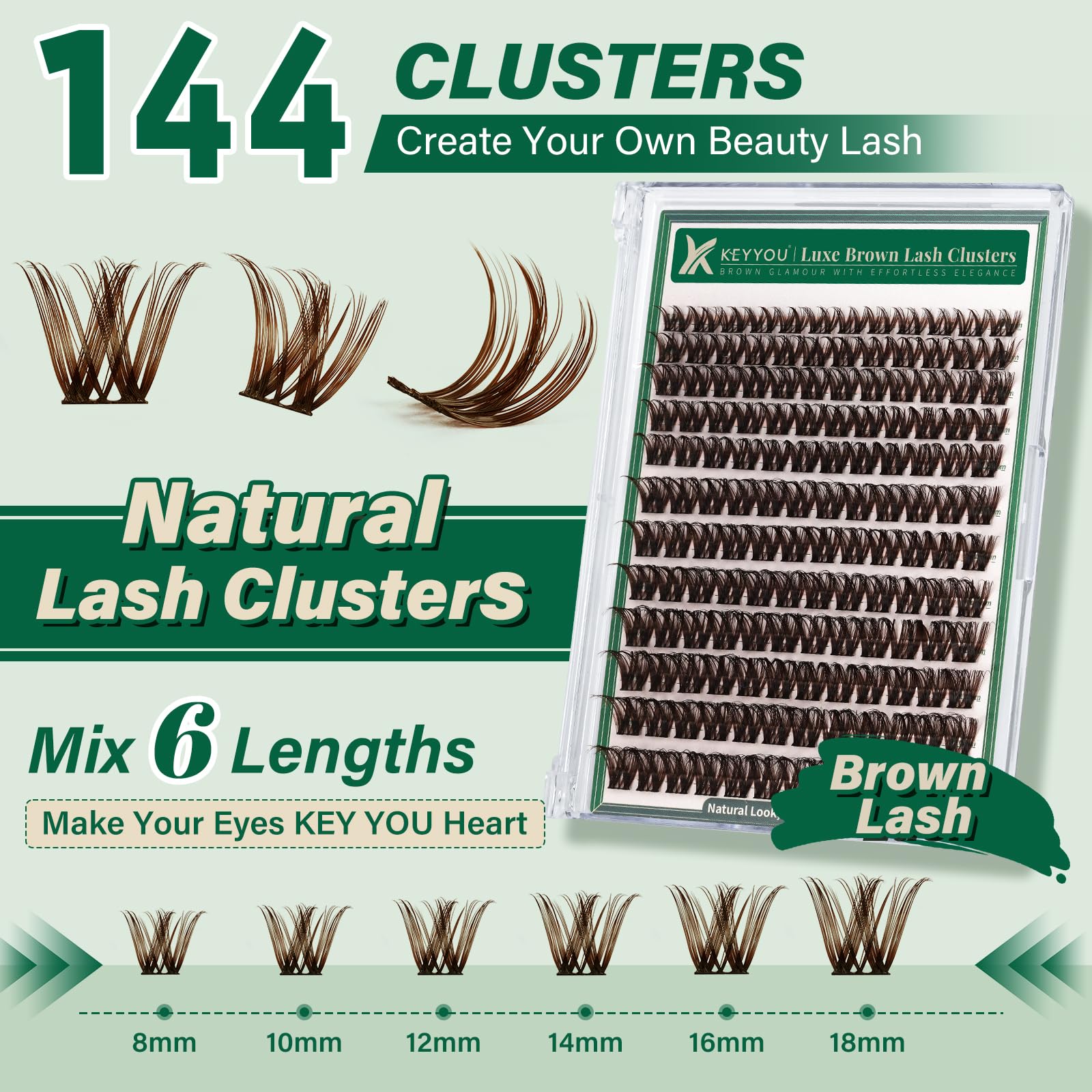 KEYYOU at-home DIY lash extension brown clusters in kit