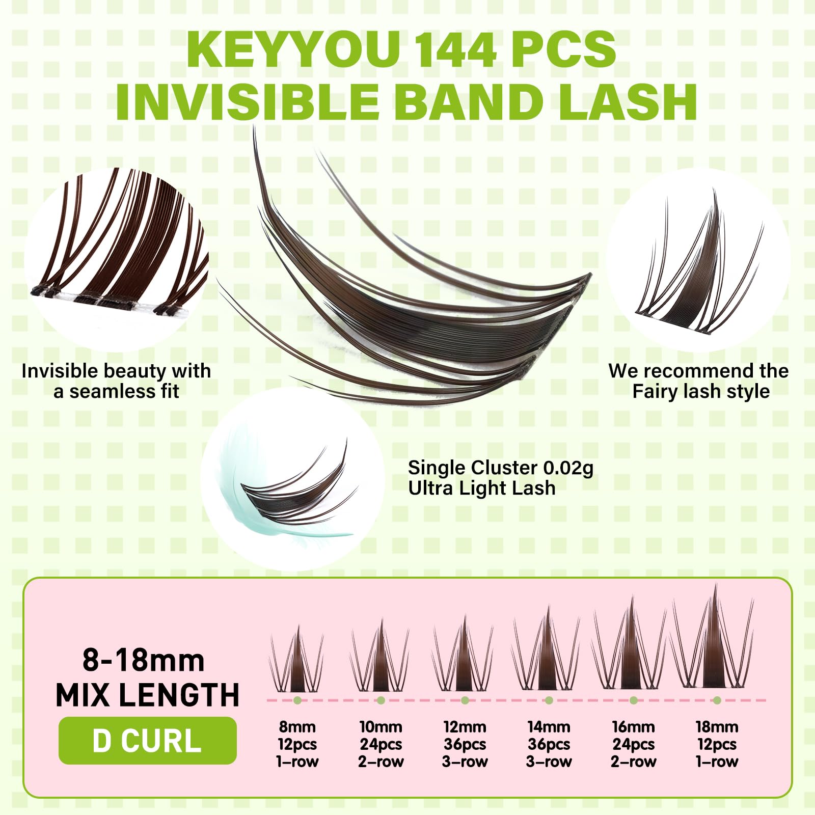 KEYYOU Fairy Brown lash clusters close up showing invisible band blending naturally
