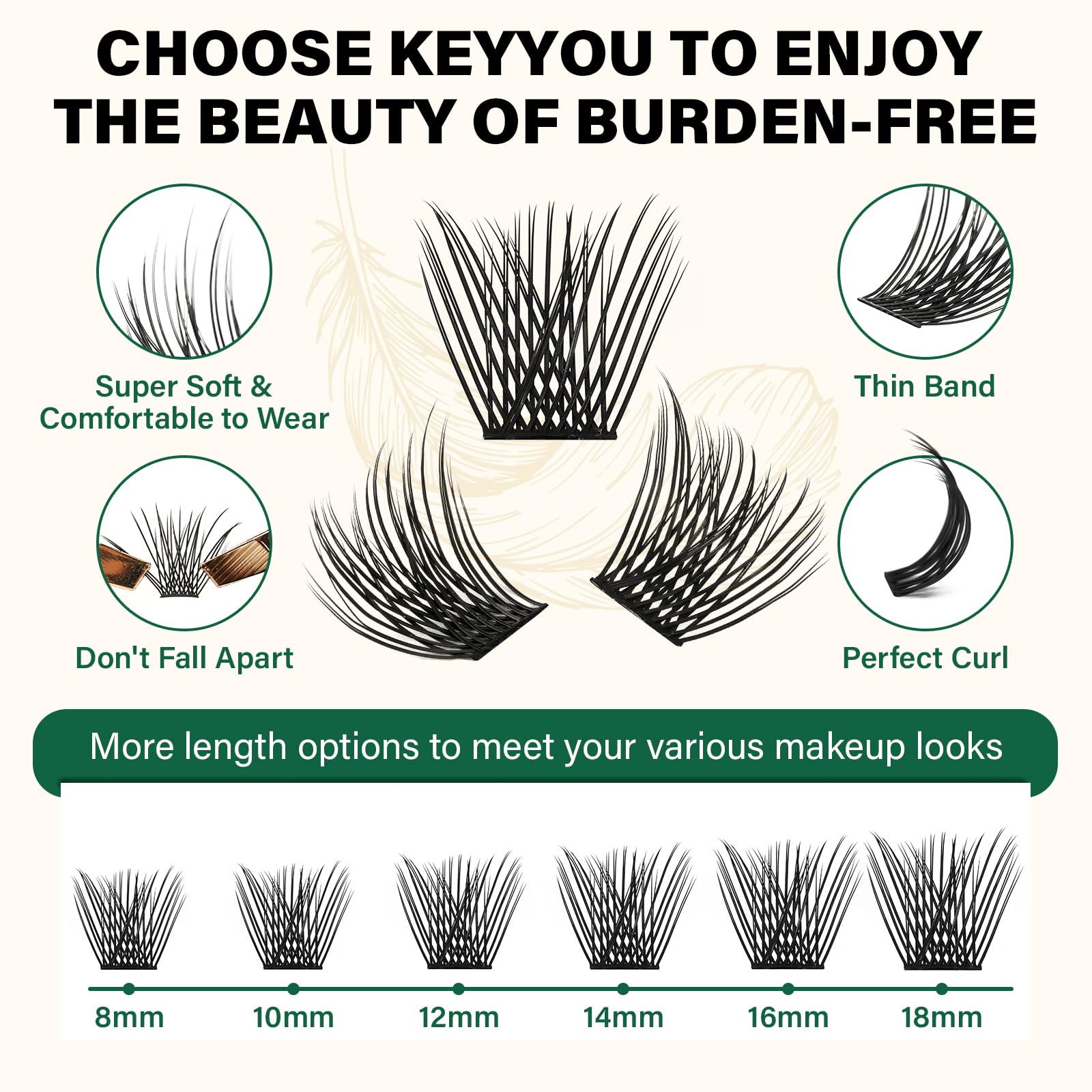 KEYYOU high-quality fiber clusters offer a natural look with gentle eye feel.