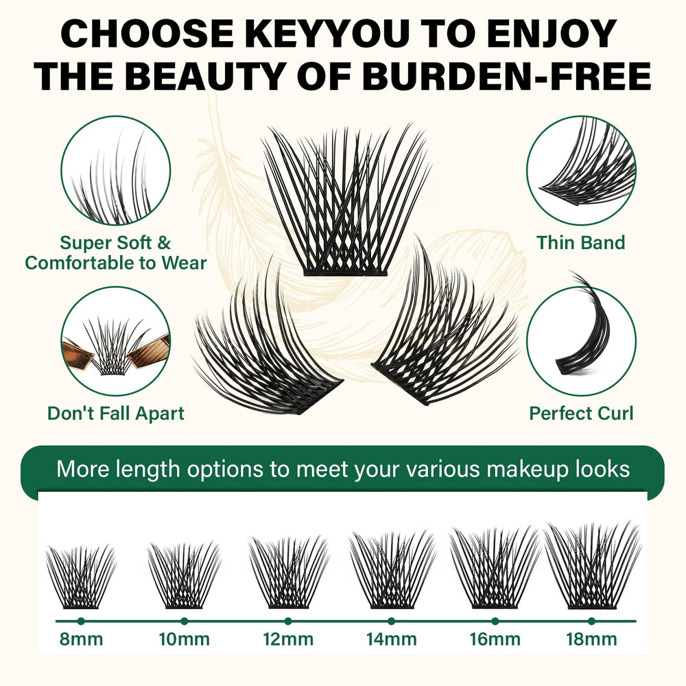 KEYYOU high-quality fiber clusters offer a natural look with gentle eye feel.