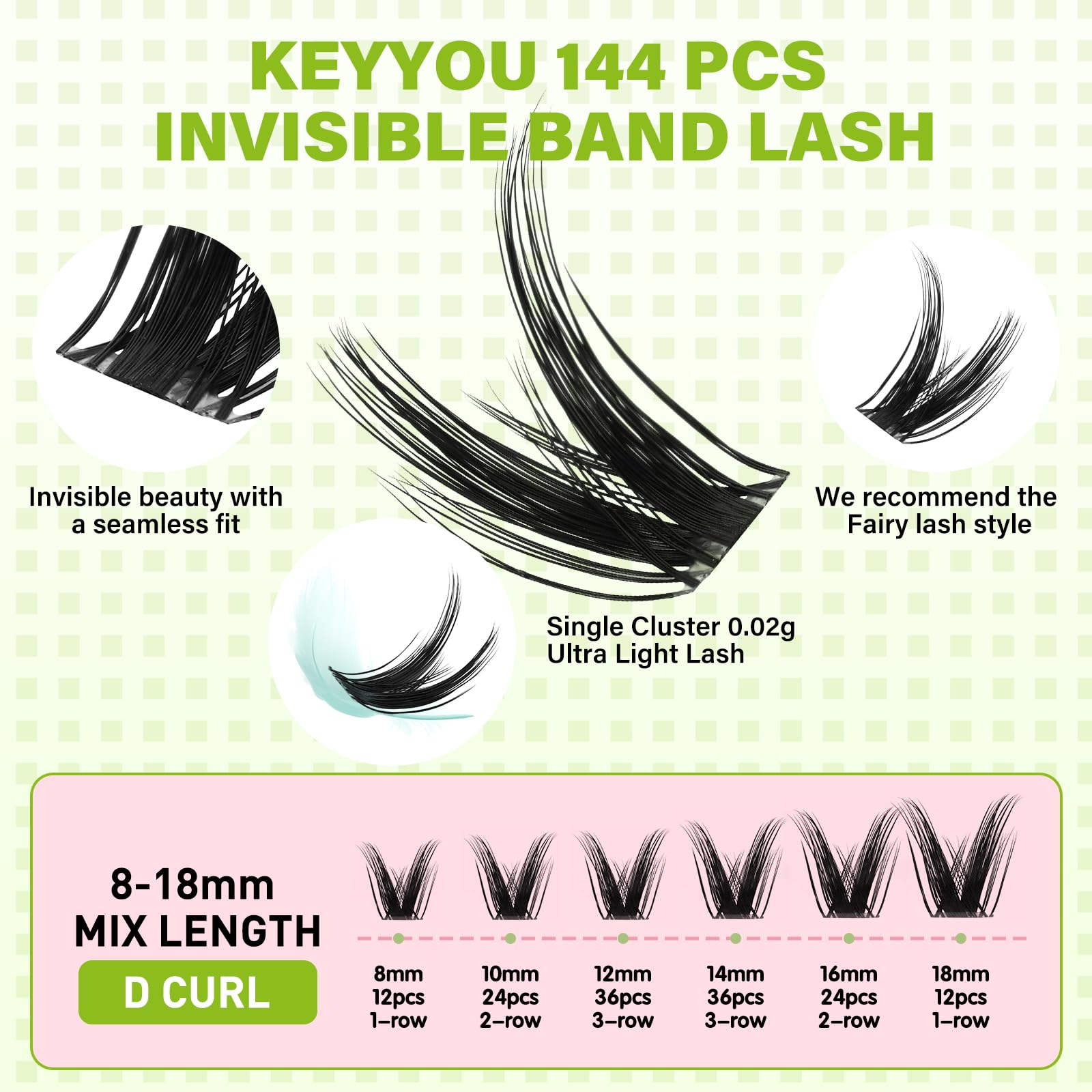 KEYYOU invisible-band lashes blend seamlessly for natural daytime drama.