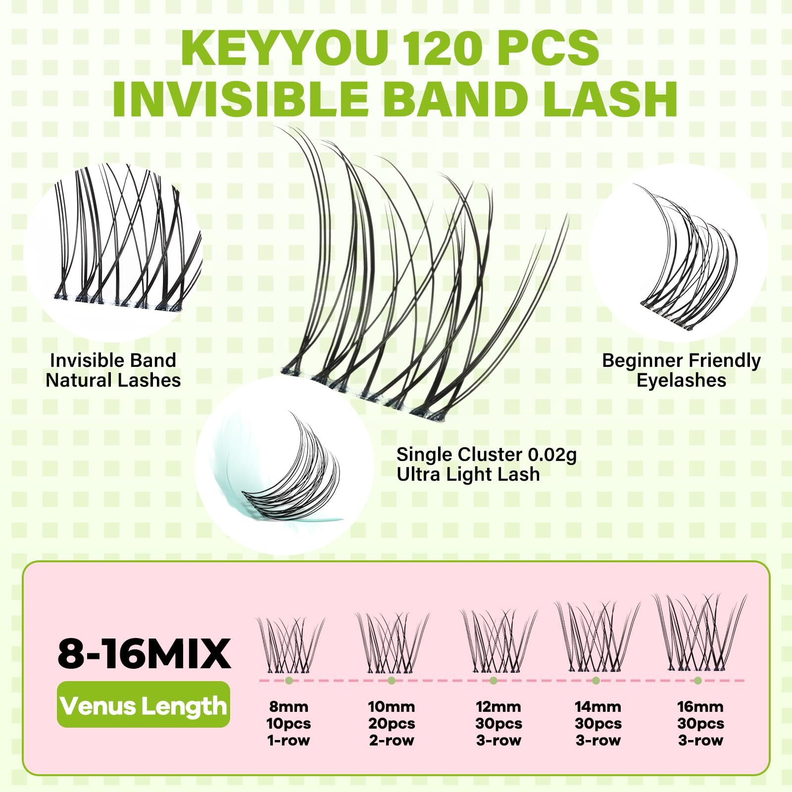 KEYYOU invisible-band manga lashes close-up shows a barely-there band for seamless wear.