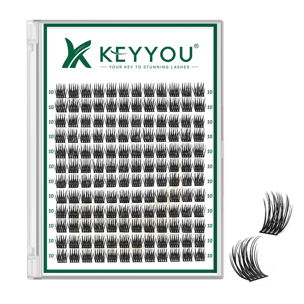 KEYYOU lash clusters 144pcs with D Curl 10mm for natural, lightweight volume.
