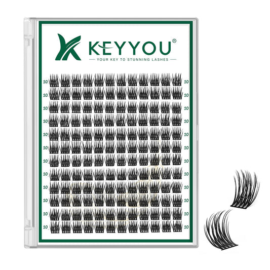 KEYYOU lash clusters 144pcs with D Curl 10mm for natural, lightweight volume.