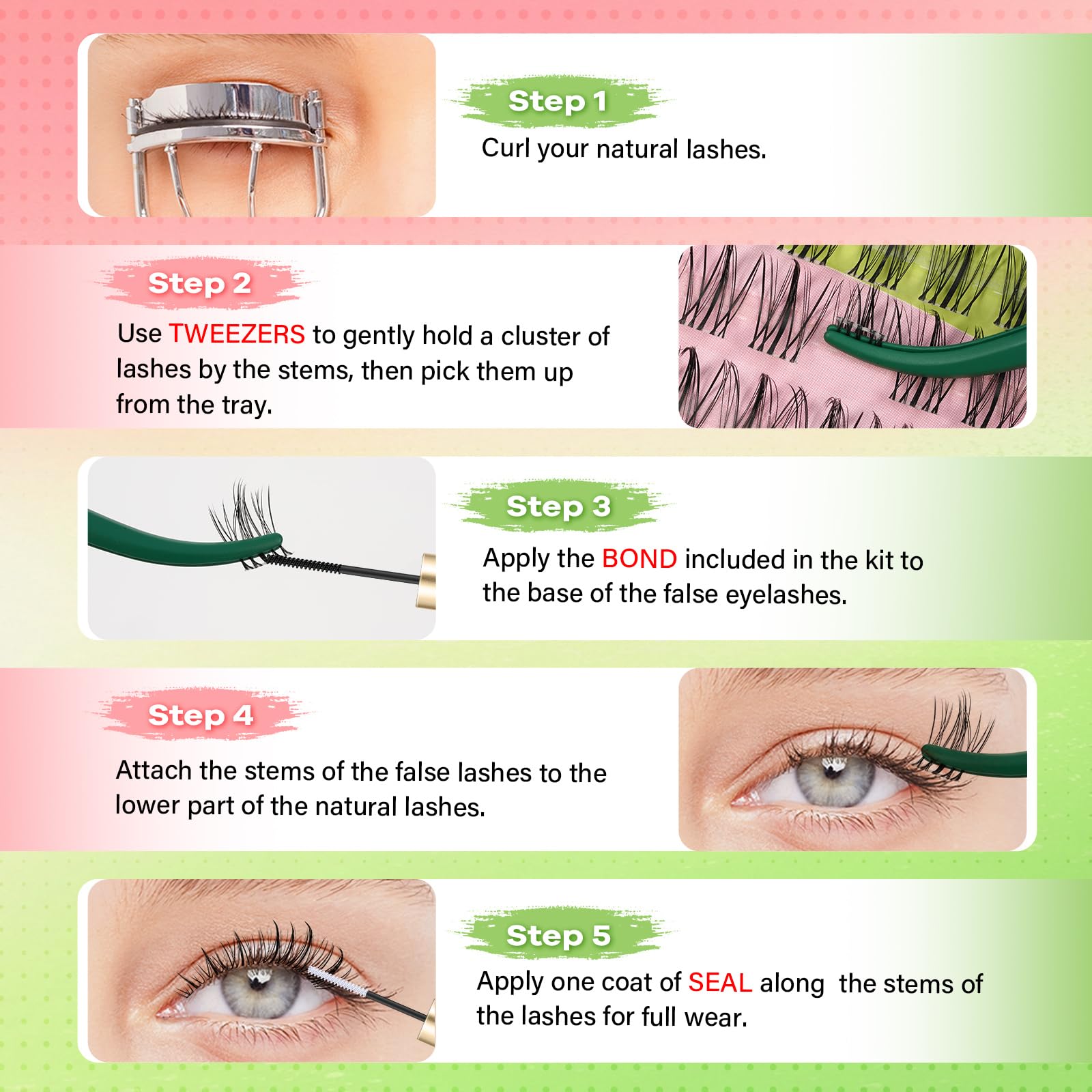 KEYYOU Naiad Lash Clusters Kit close-up demonstrating easy application steps.