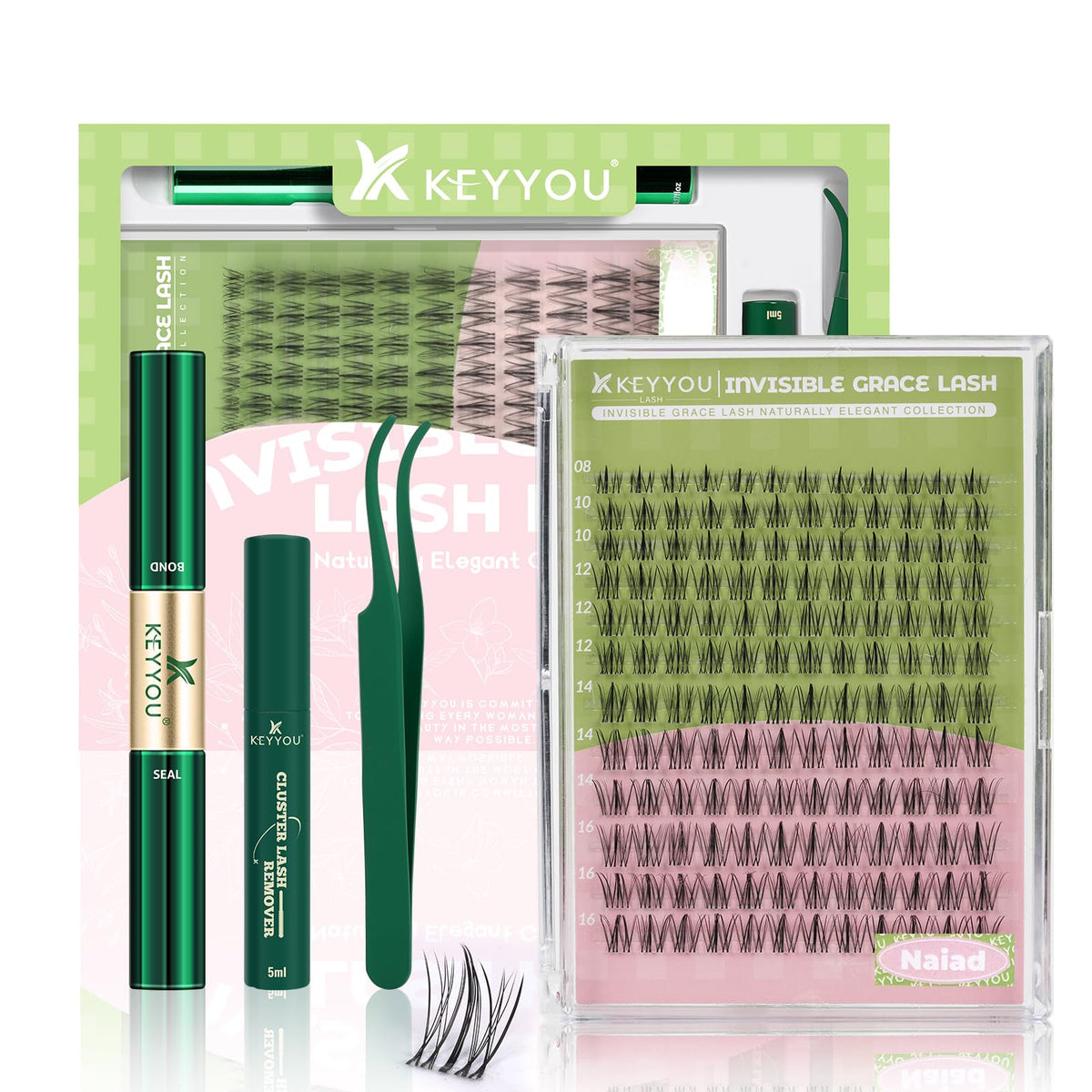 KEYYOU Naiad Lash Clusters Kit contents for at-home extensions.