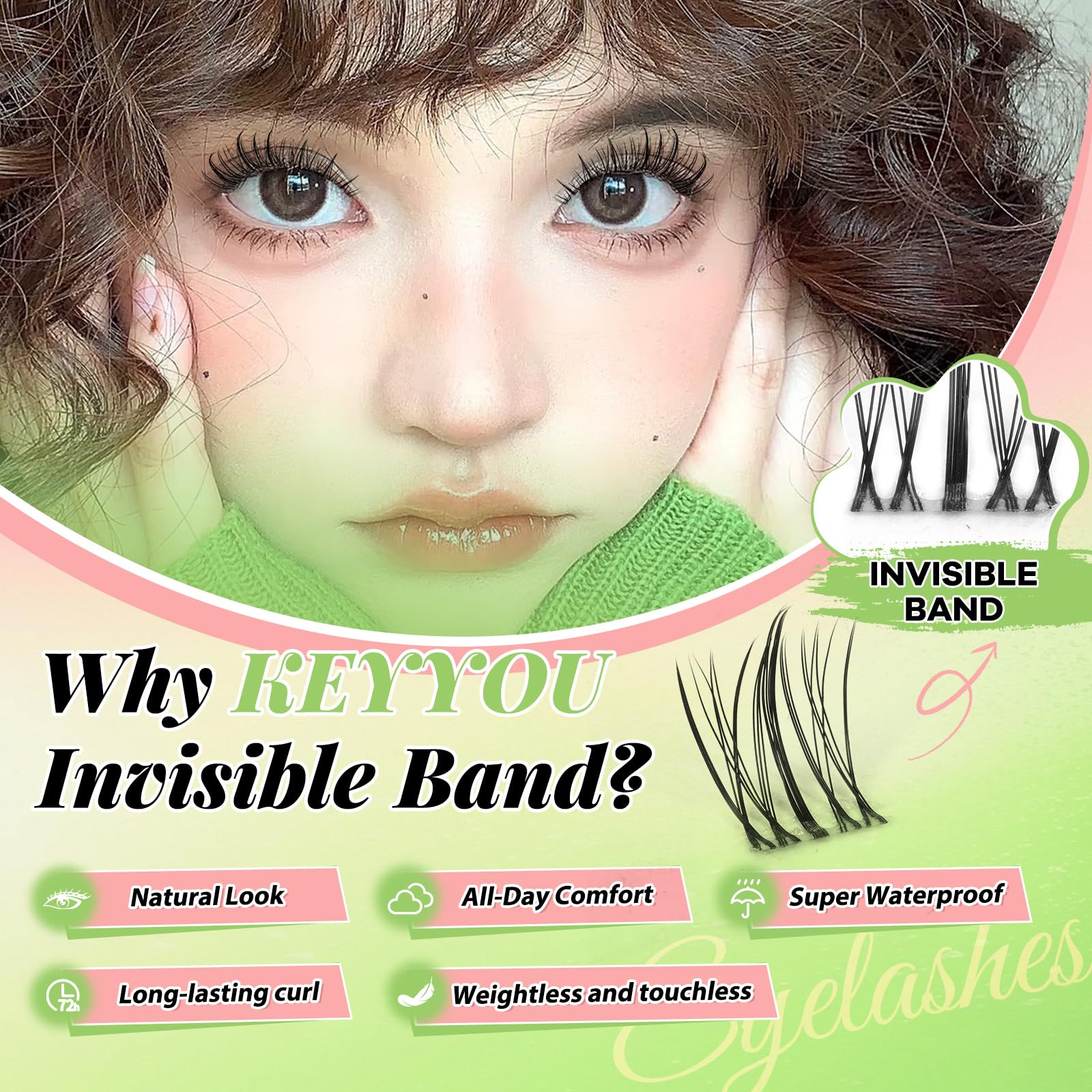 KEYYOU Naiad Lash Clusters Kit invisible band close-up for seamless application.