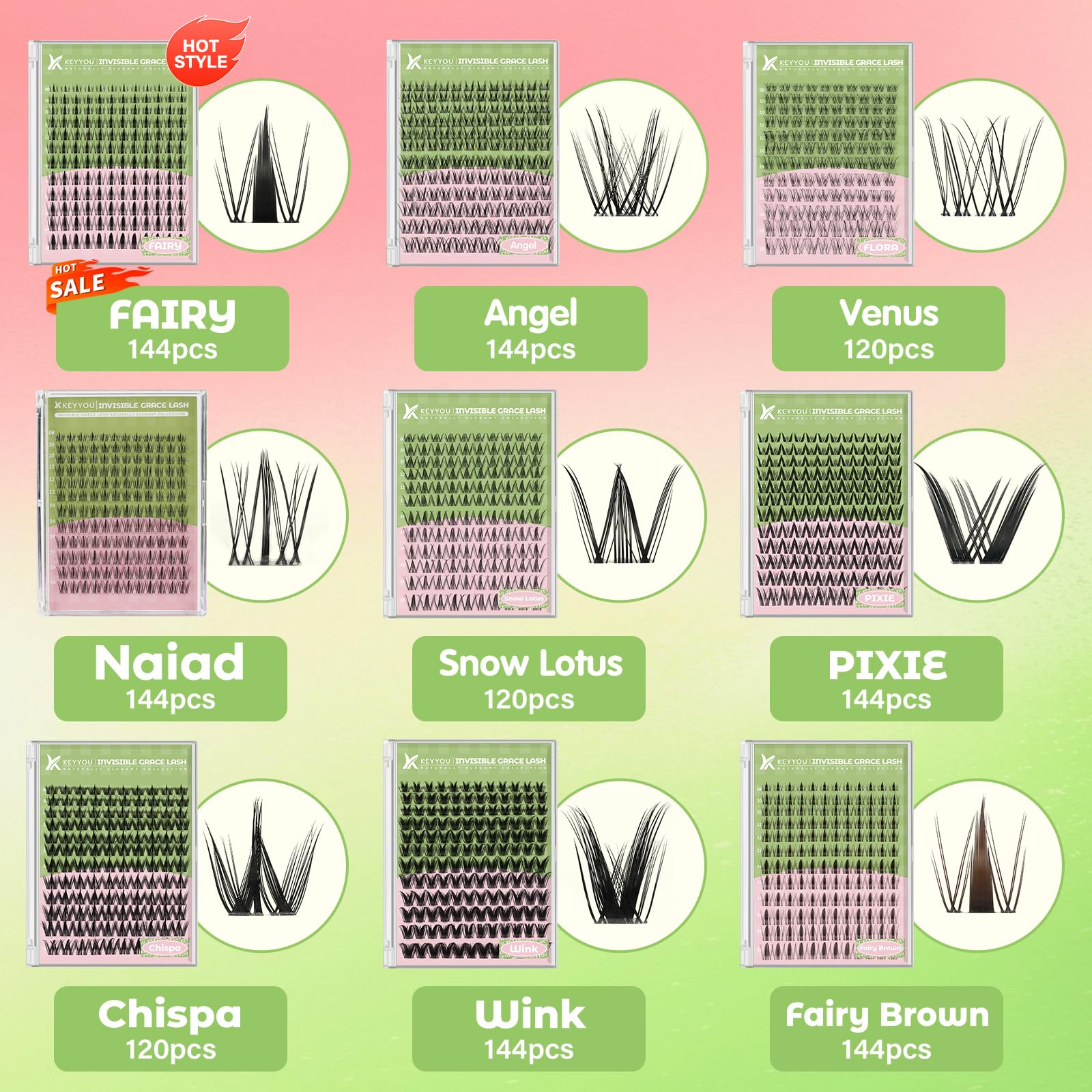 KEYYOU Naiad Lash Clusters Kit mixed 8-16 mm lengths for customization.