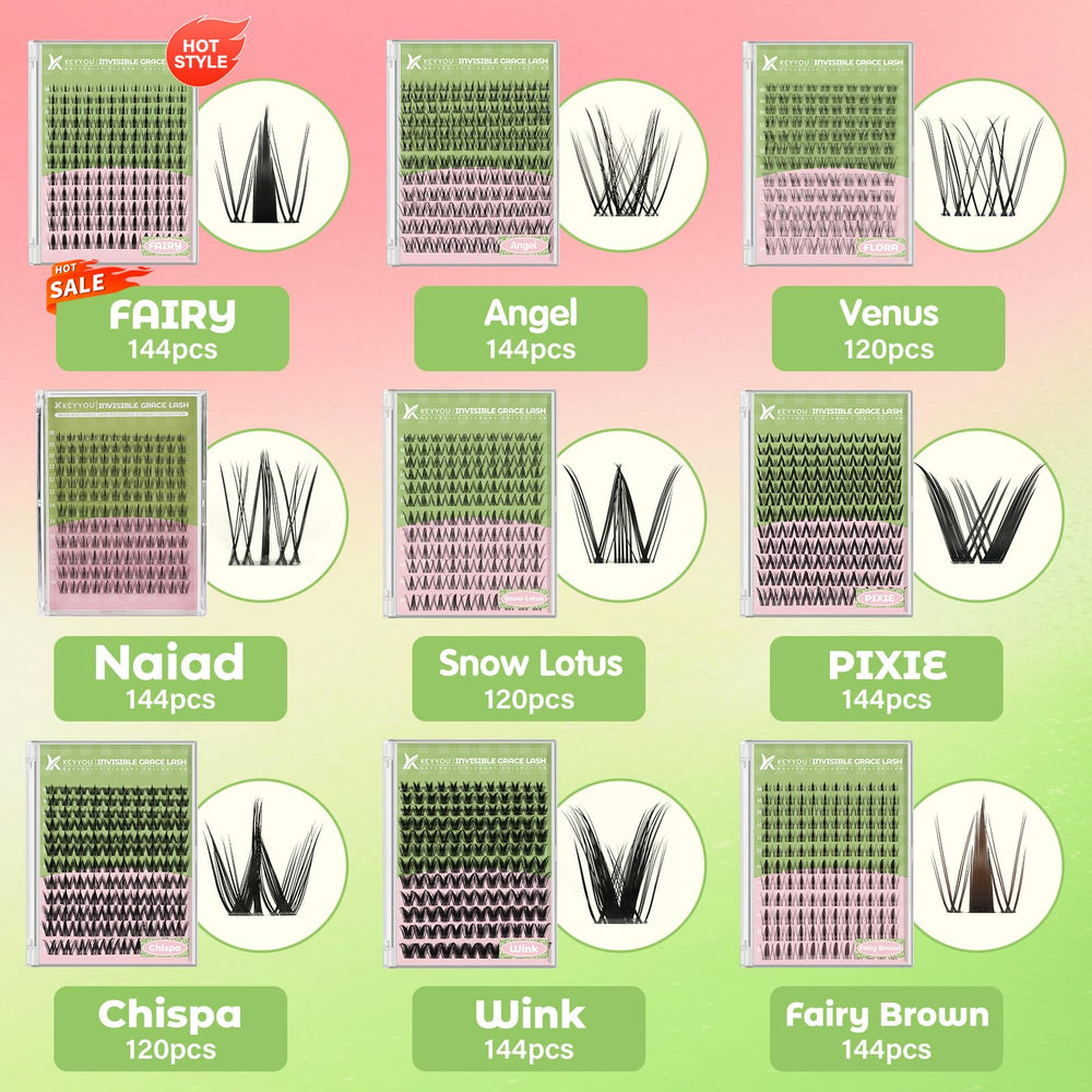 KEYYOU Naiad Lash Clusters Kit mixed 8-16 mm lengths for customization.