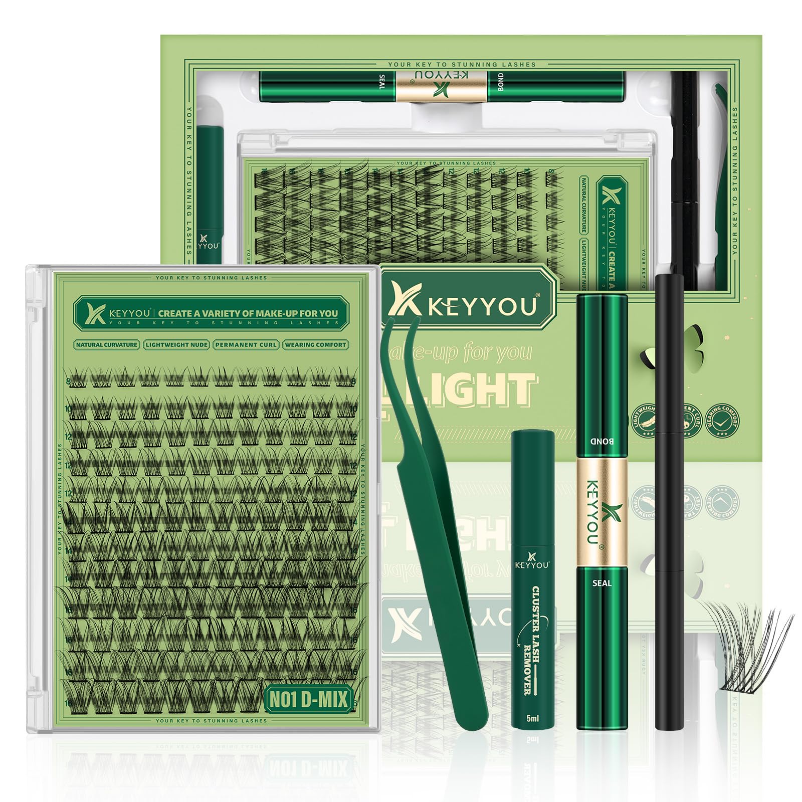 KEYYOU Natural Lash Clusters Kit 144pcs for at-home DIY lash extensions.