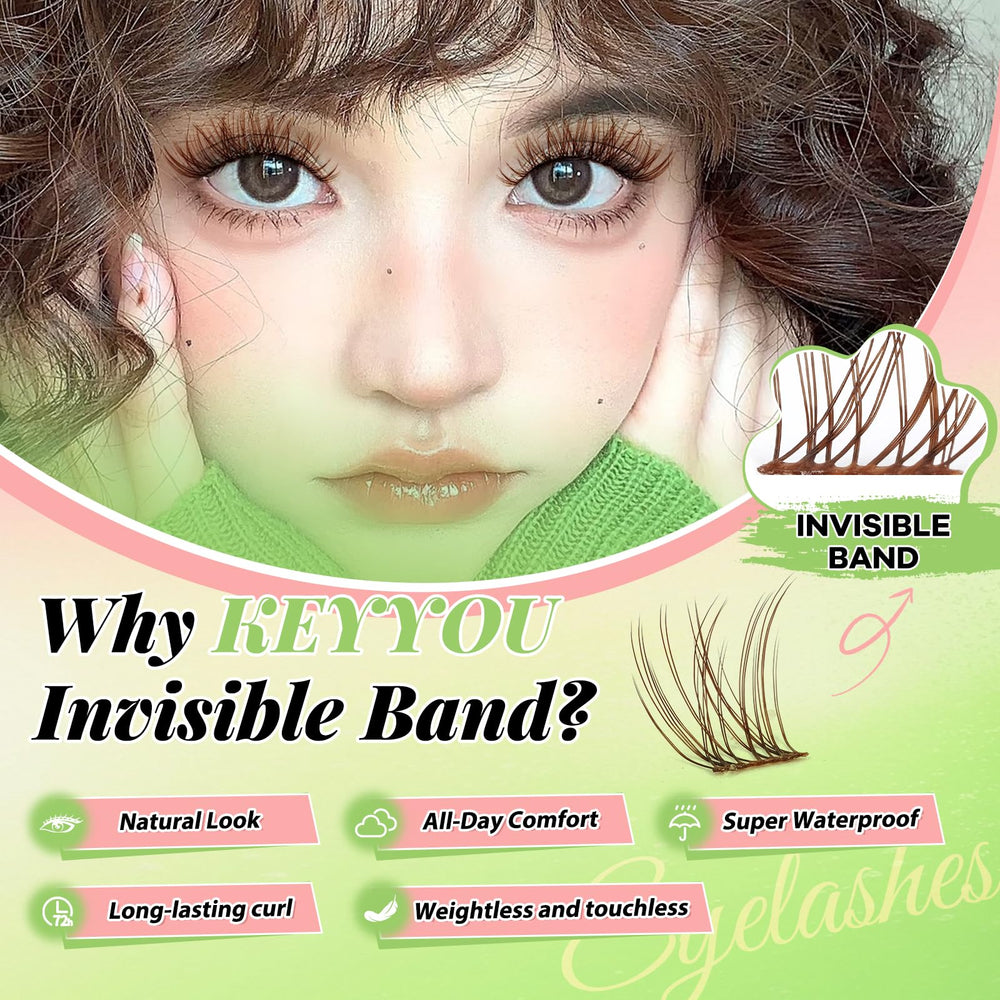 KEYYOU Venus Brown lash clusters close-up highlights invisible, ultra-thin band