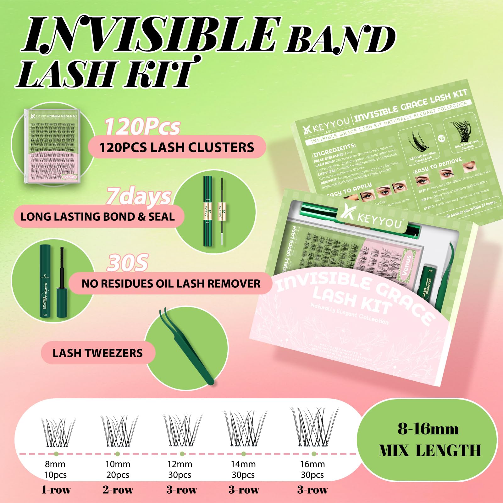 KEYYOU Venus Lash Clusters Kit creates a wispy, natural effect.