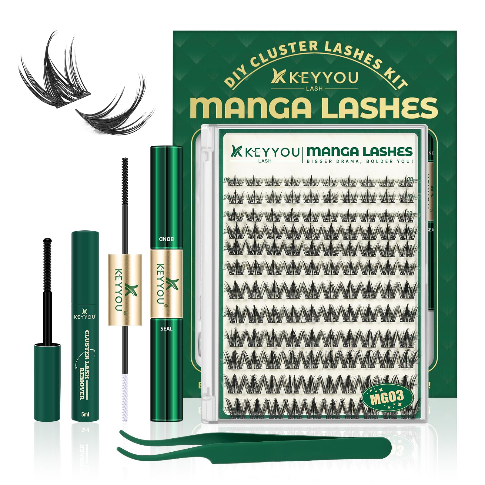 Keyyou Lash manga lash clusters kit on display for DIY lash extensions.