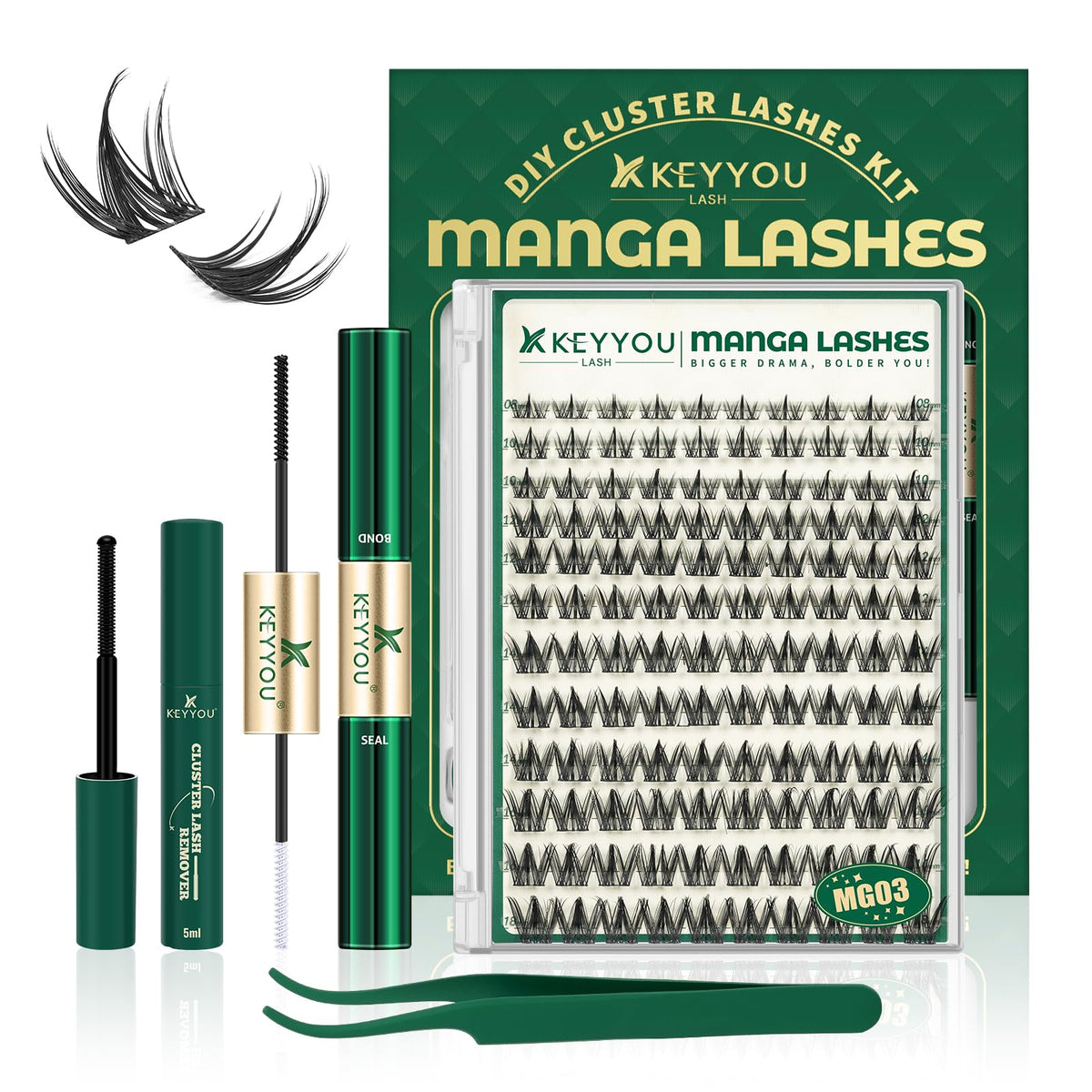 Keyyou Lash manga lash clusters kit on display for DIY lash extensions.