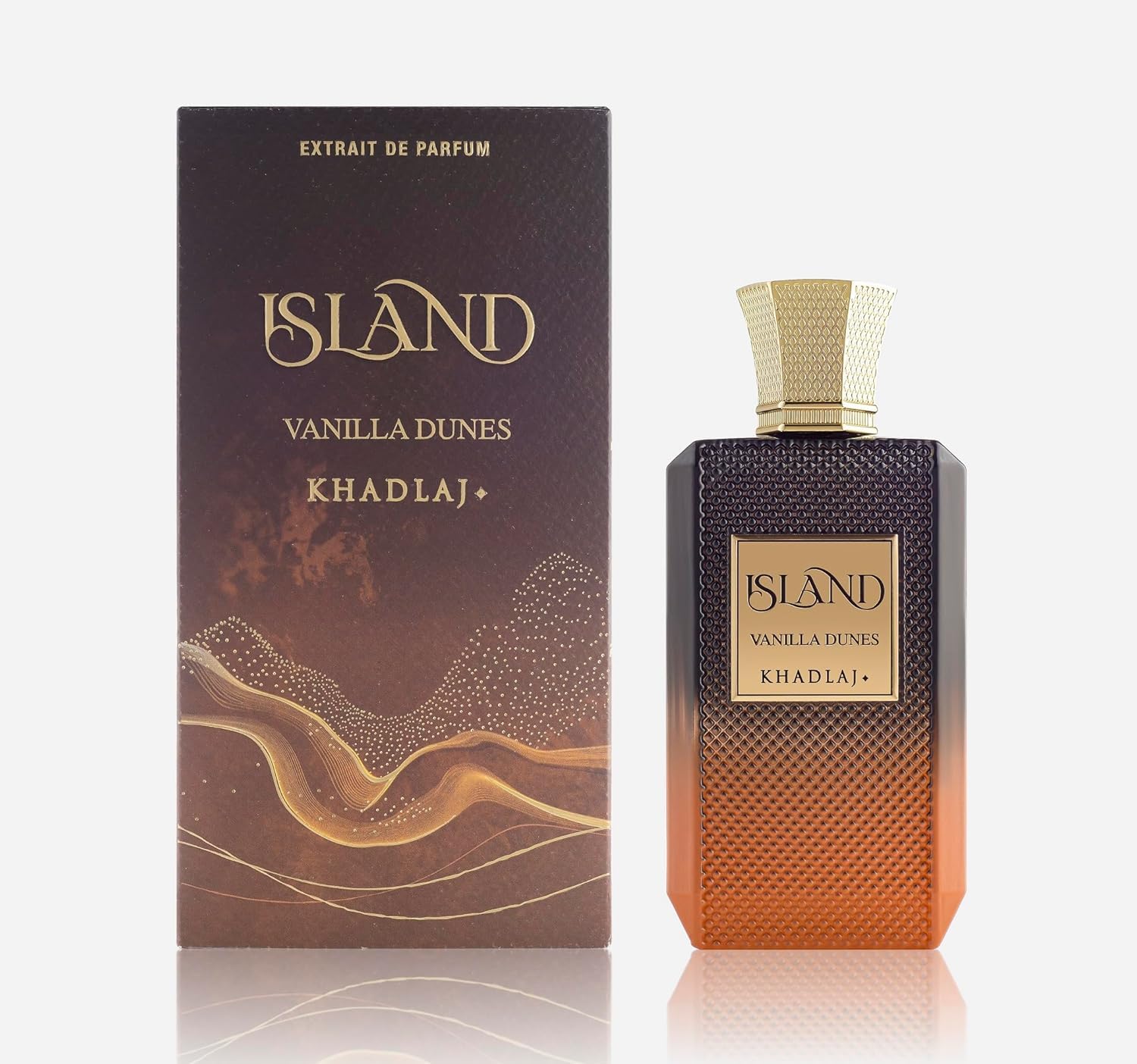 Khadlaj Island Vanilla Dunes bottle on display showing premium masculine fragrance
