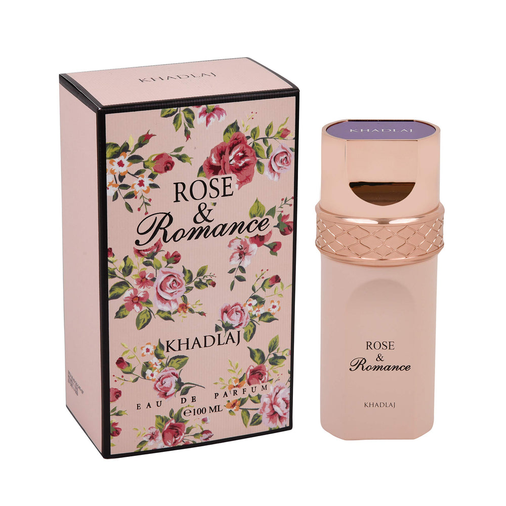 Khadlaj Rose & Romance Gold EDP bottle shows rich rose and amber for evenings