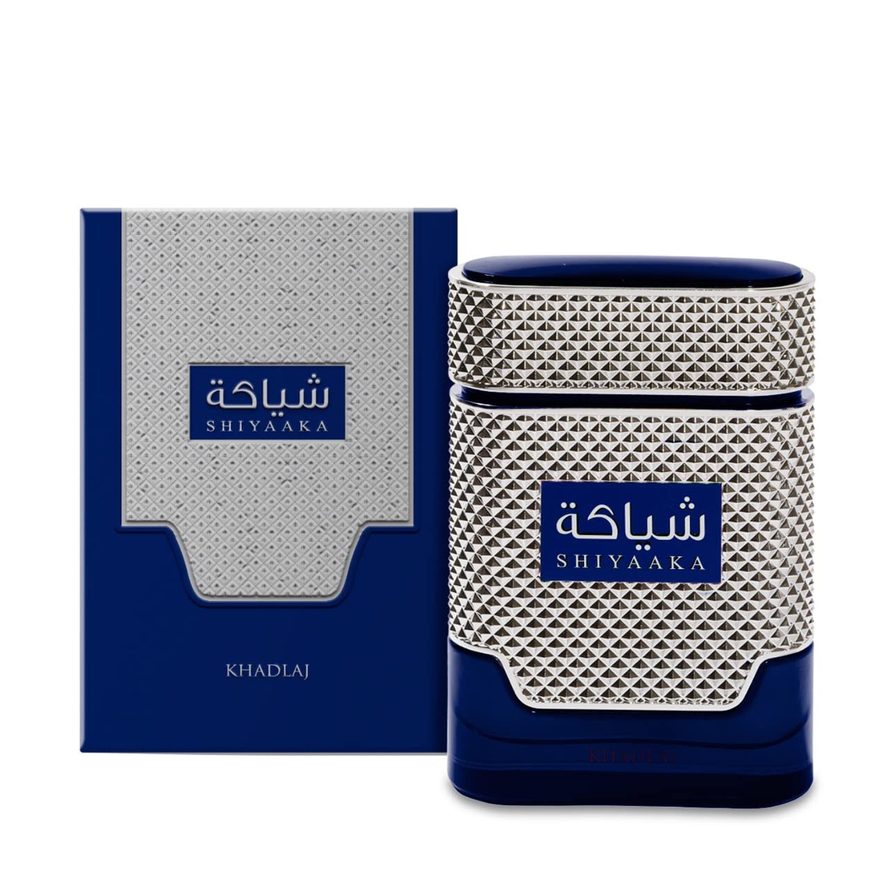 Khadlaj Shiyaaka Blue blue and platinum flacon profile, elegant evening fragrance
