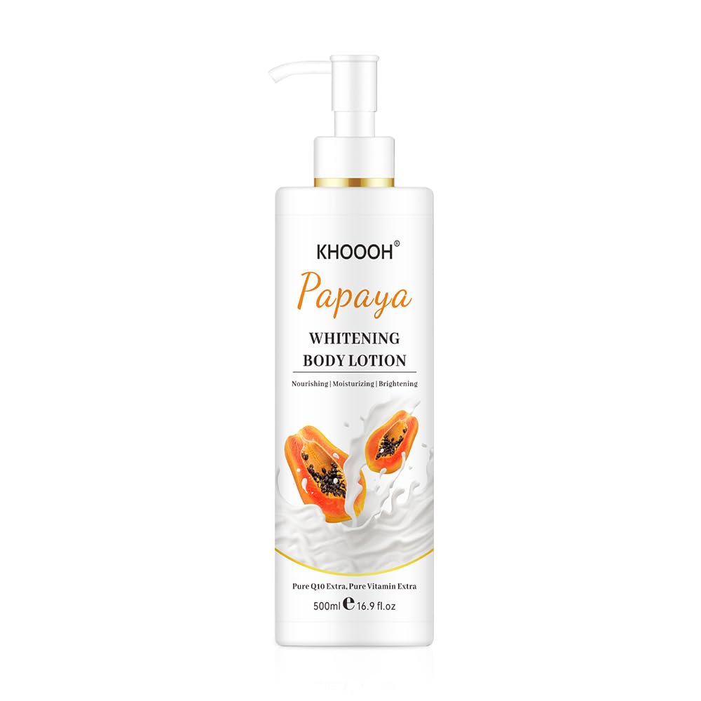 KHOOOH Papaya Whitening Body Lotion bottle shows nourishing formula for daily hydration.