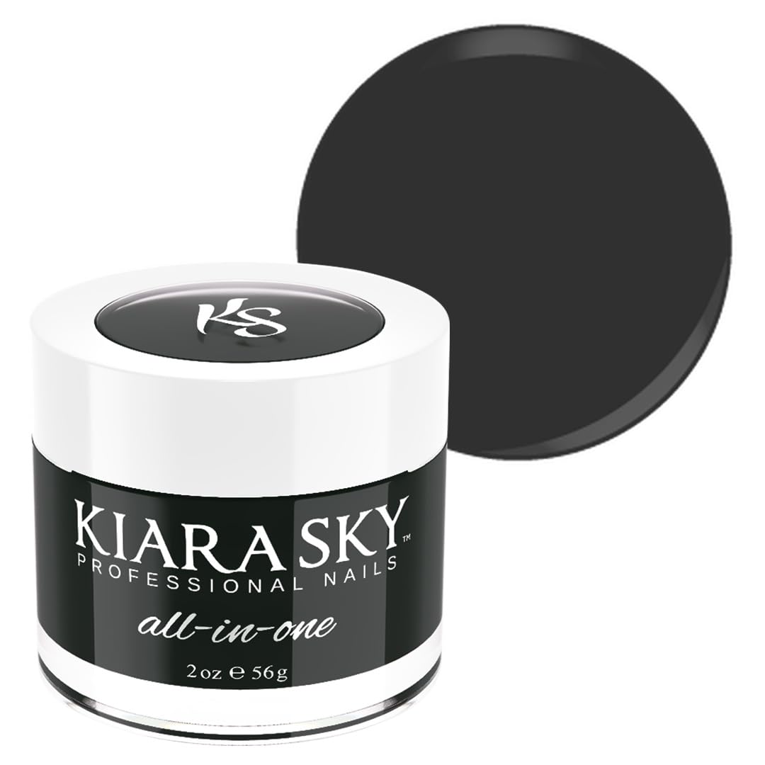 Kiara Sky Black Tie Affair jar with sleek jet black pigment for dramatic nails.