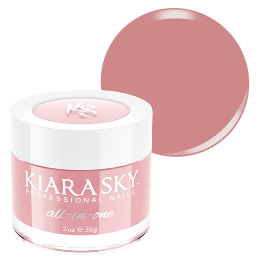Kiara Sky Chic Happens jar close-up shows mauve-rosy powder for versatile nail designs.