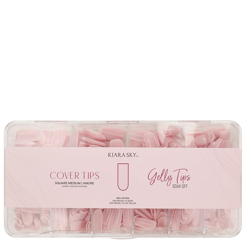 Kiara Sky Cover Gelly Tips Amore, square medium bottle, natural-looking gel extension.
