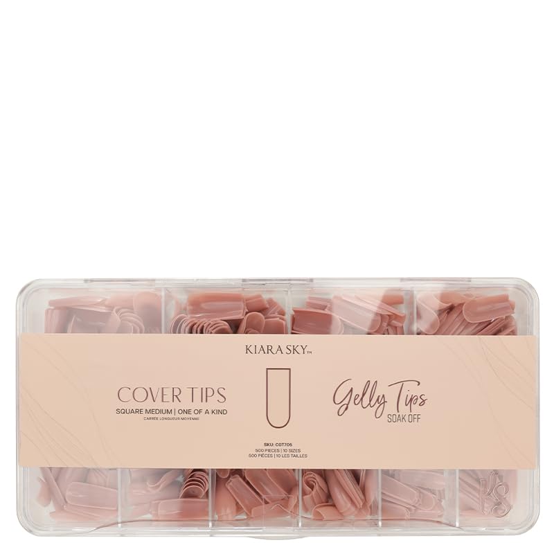 Kiara Sky Cover Gelly Tips One of a Kind bottle closeup for a natural peachy mauve look