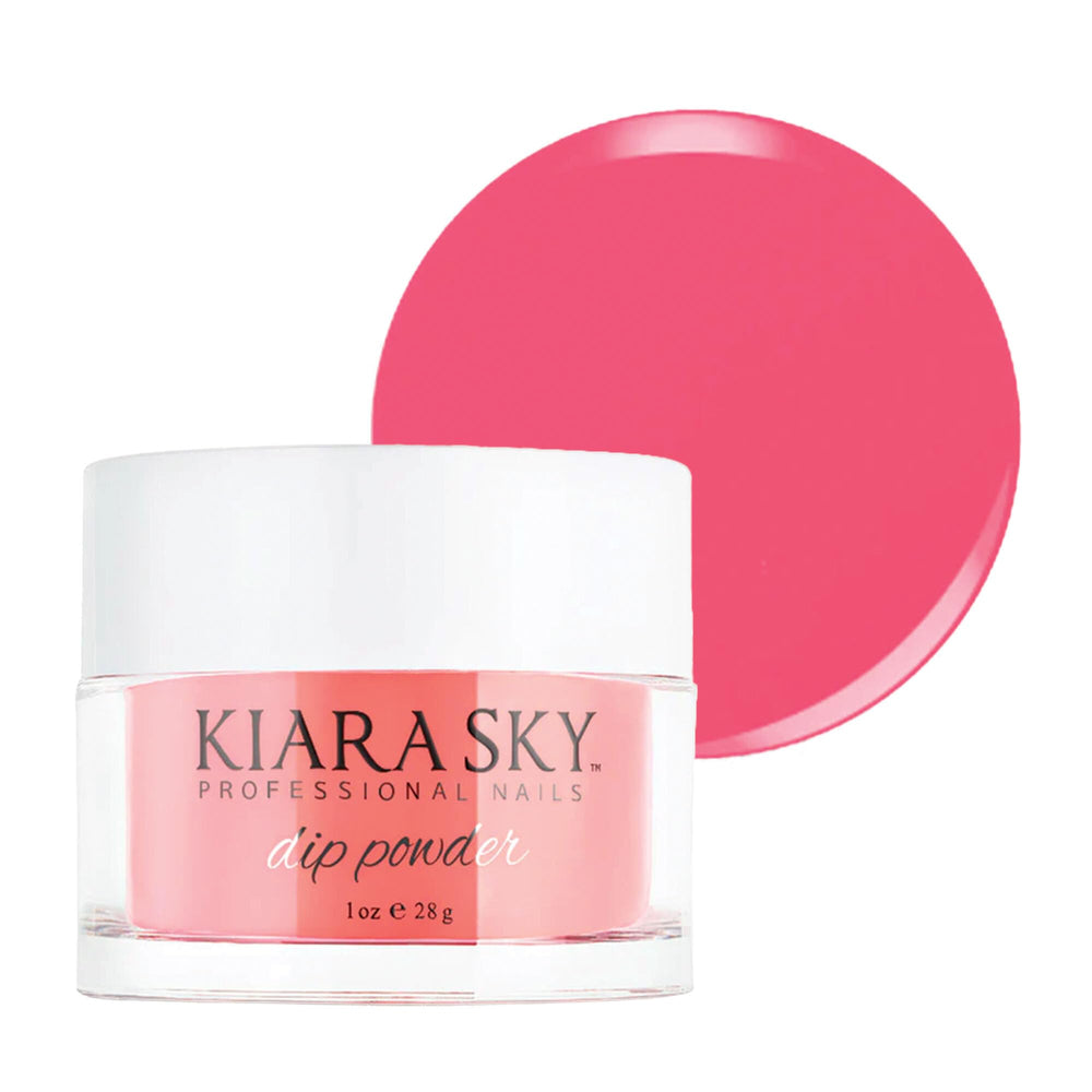 Kiara Sky Dip Powder Rag Doll swatches show vibrant coral tones for chic nails