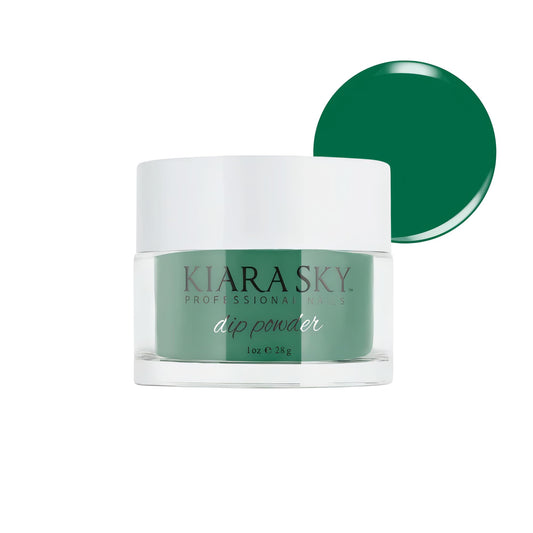 Kiara Sky Green Tones dip powder bottle close-up showing vibrant color for durable nails
