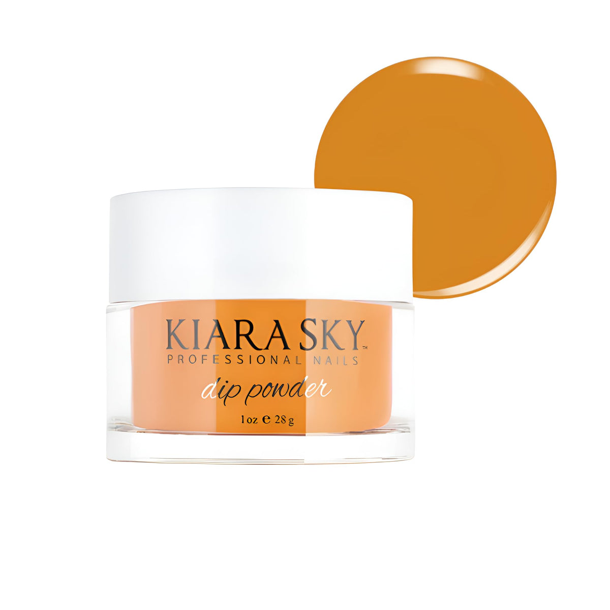 Kiara Sky Pour Decisions orange dip powder in a 1 oz jar for durable, salon-grade color.
