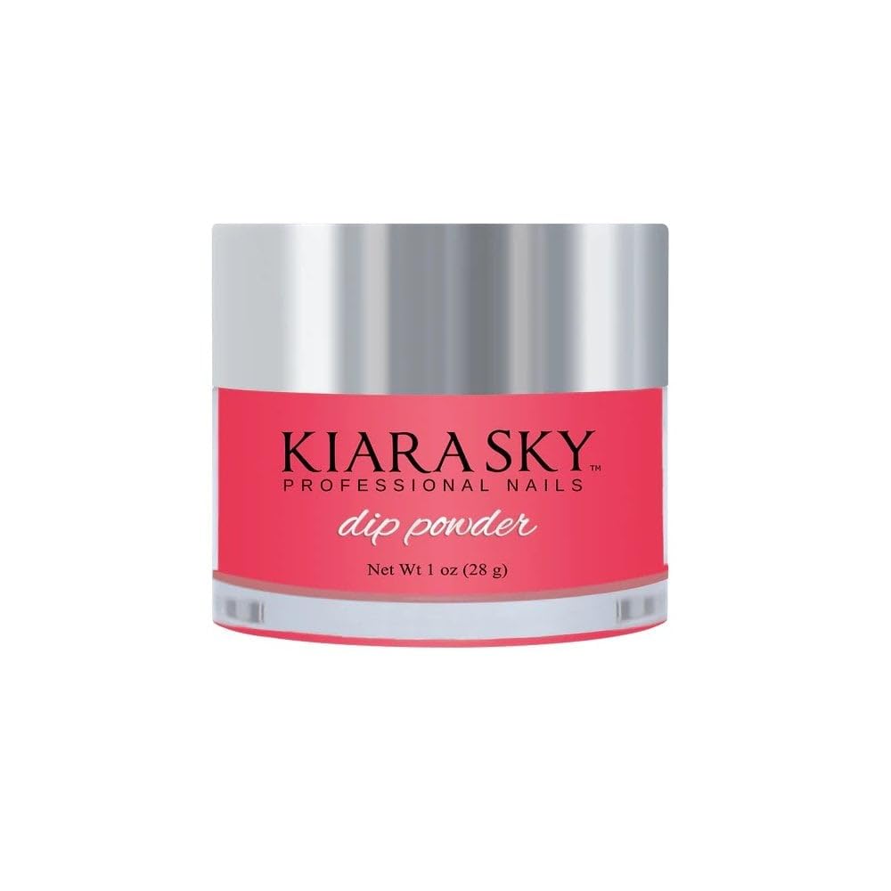 Kiara Sky Pink Peonies dip powder bottle showing vibrant pink color and nail-strengthening benefits