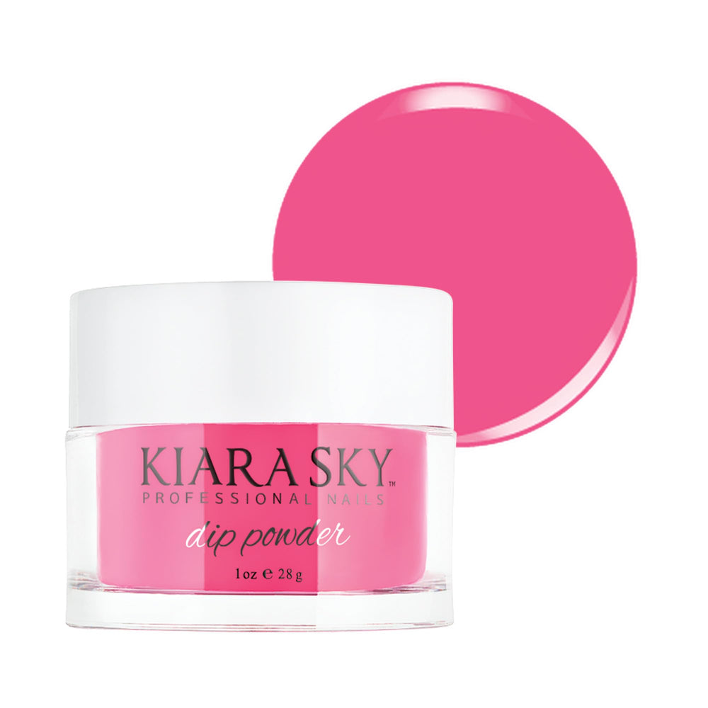 Kiara Sky Head Over Heels dip powder packshot shows bold pink tones for lasting color
