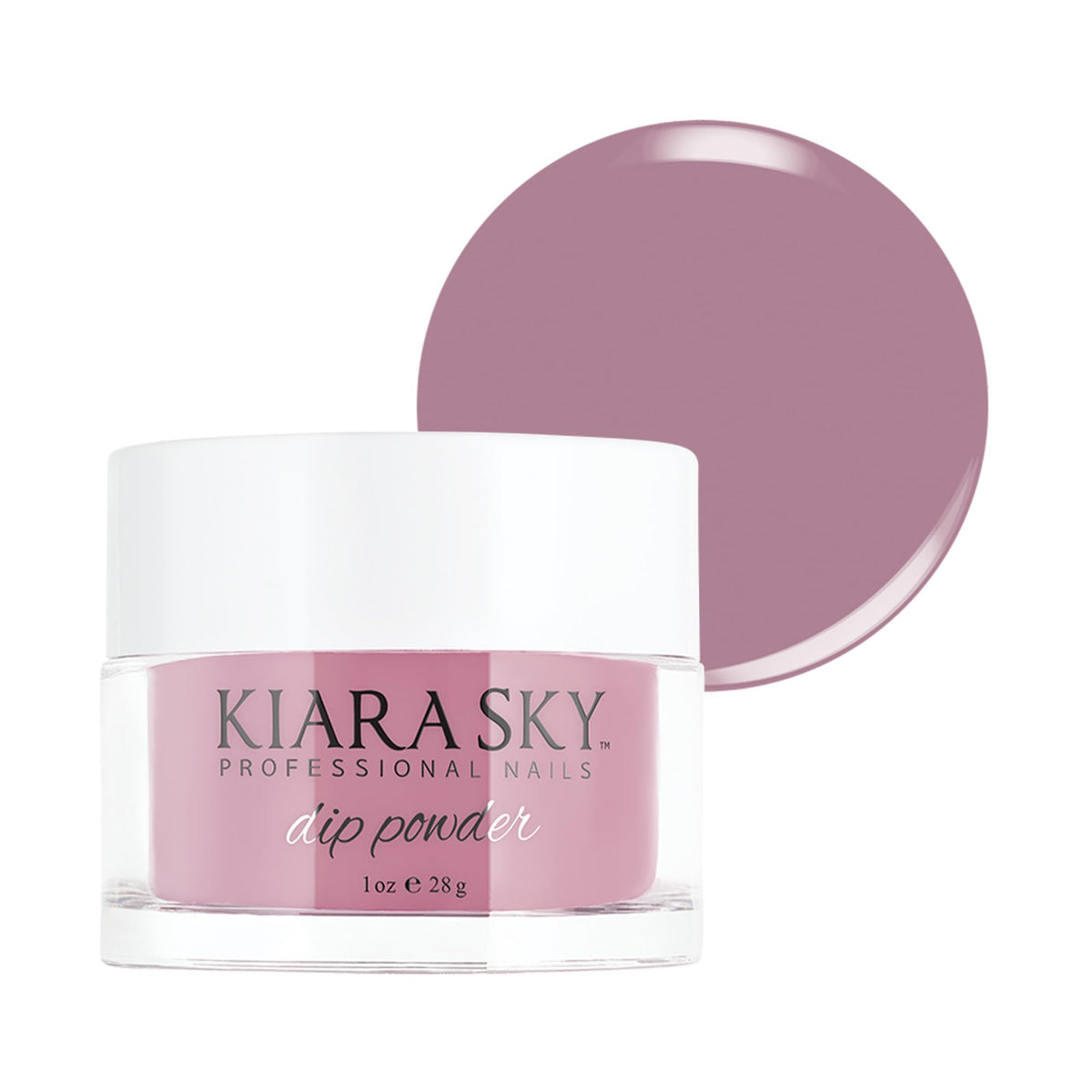 Kiara Sky Dip Powder bottle closeup shows mauve purple tones.
