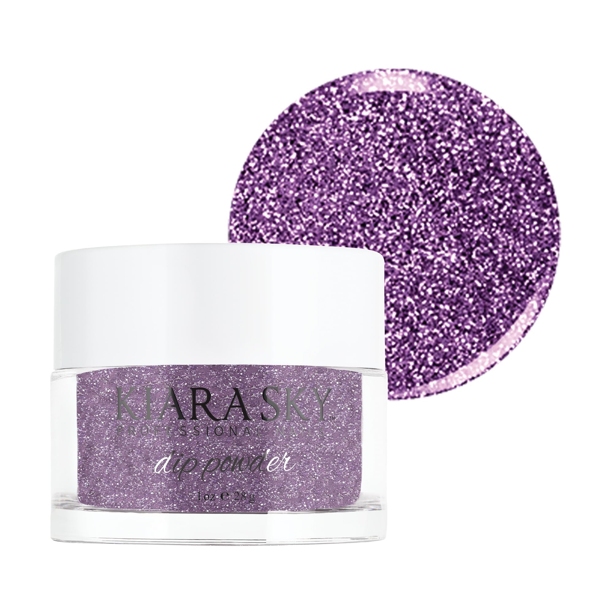 Kiara Sky Out On The Town dip powder bottle shows bold purple tones for lasting nails.