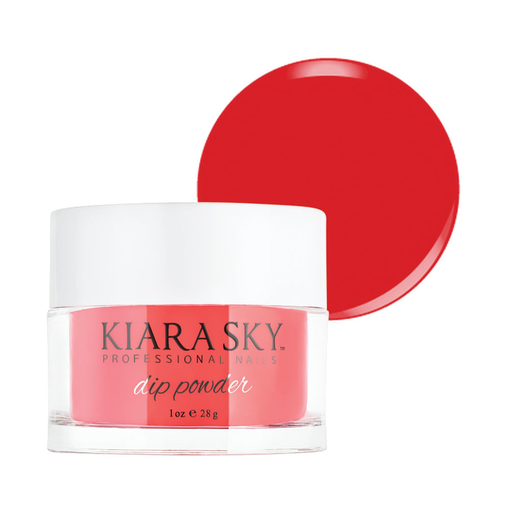 Kiara Sky Dip Powder Danger jar shows rich red tones for vibrant, long-lasting nails