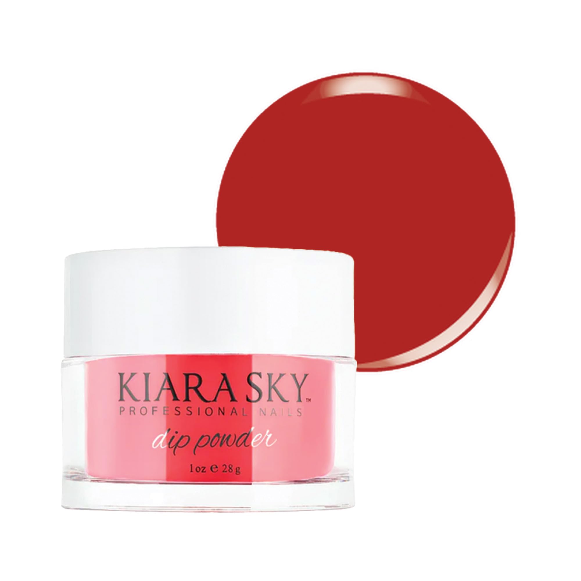 Kiara Sky Dip Powder Generoseity bottle swatch shows rich red color with long-wearing appeal