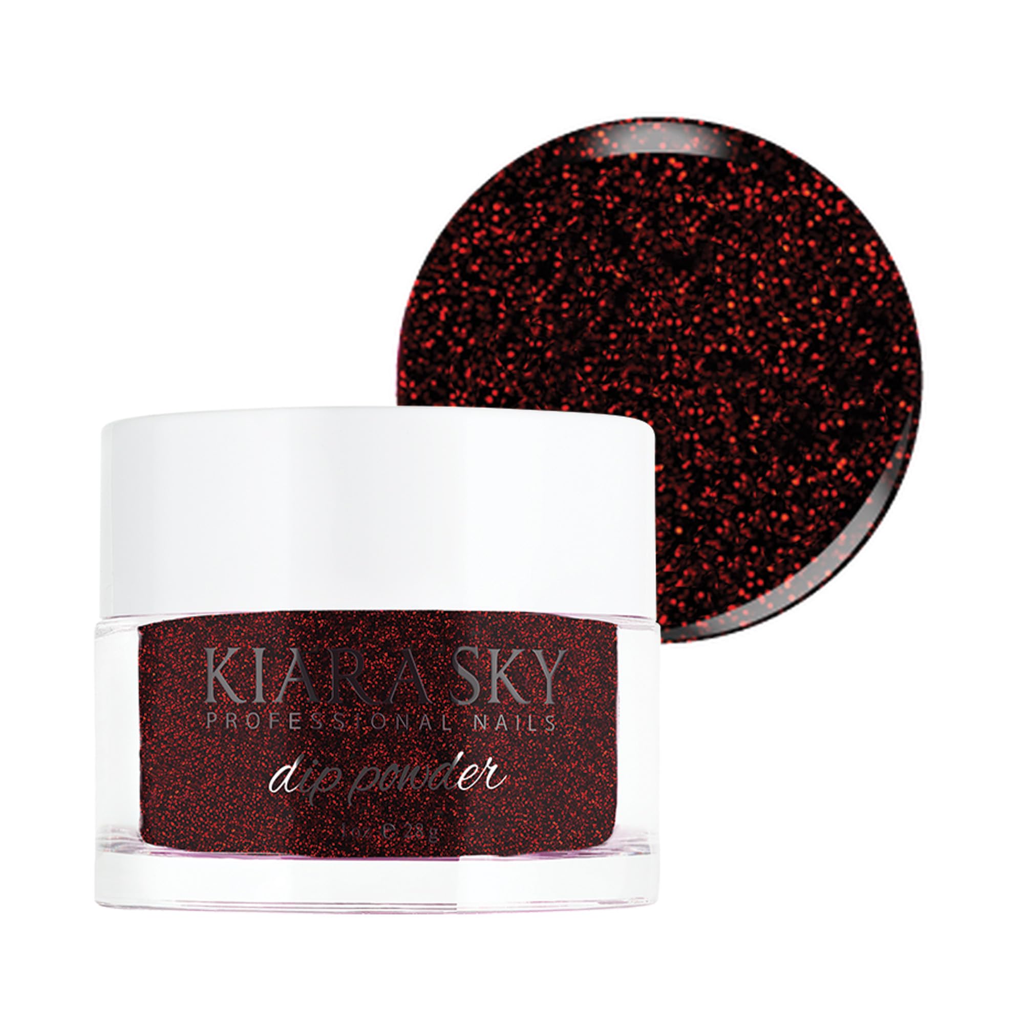Kiara Sky Dip Powder Red Tones in I'm Bossy swatch on nail for vibrant, long-lasting color