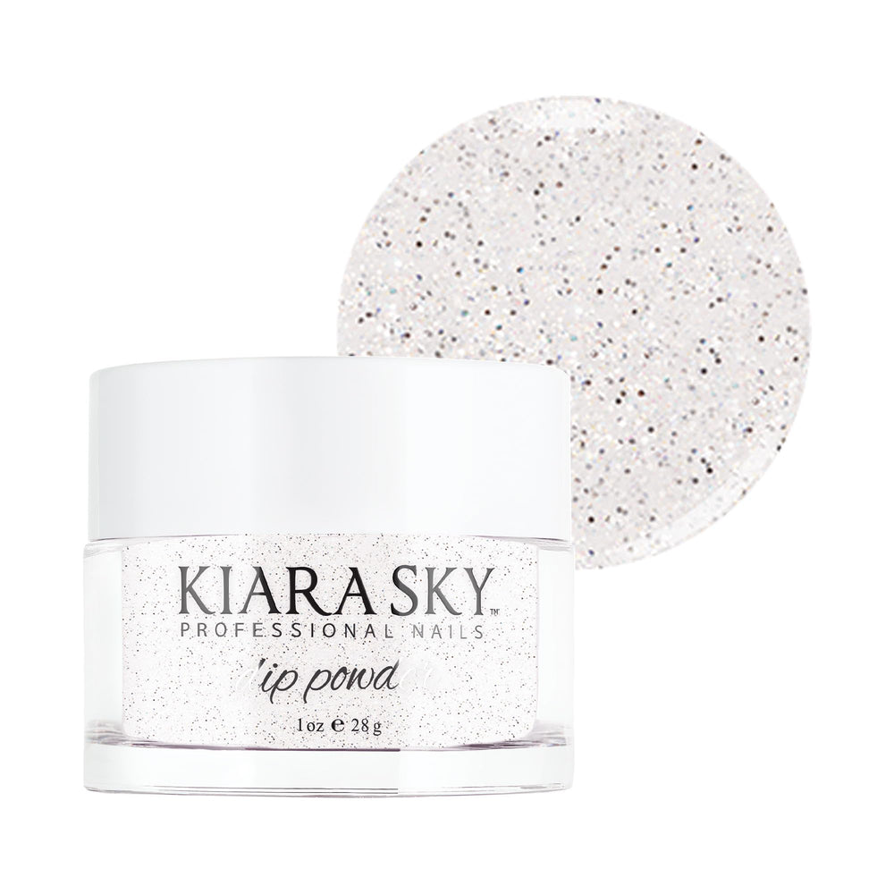 Kiara Sky Masterpiece silver dip powder on nails for a luminous finish.