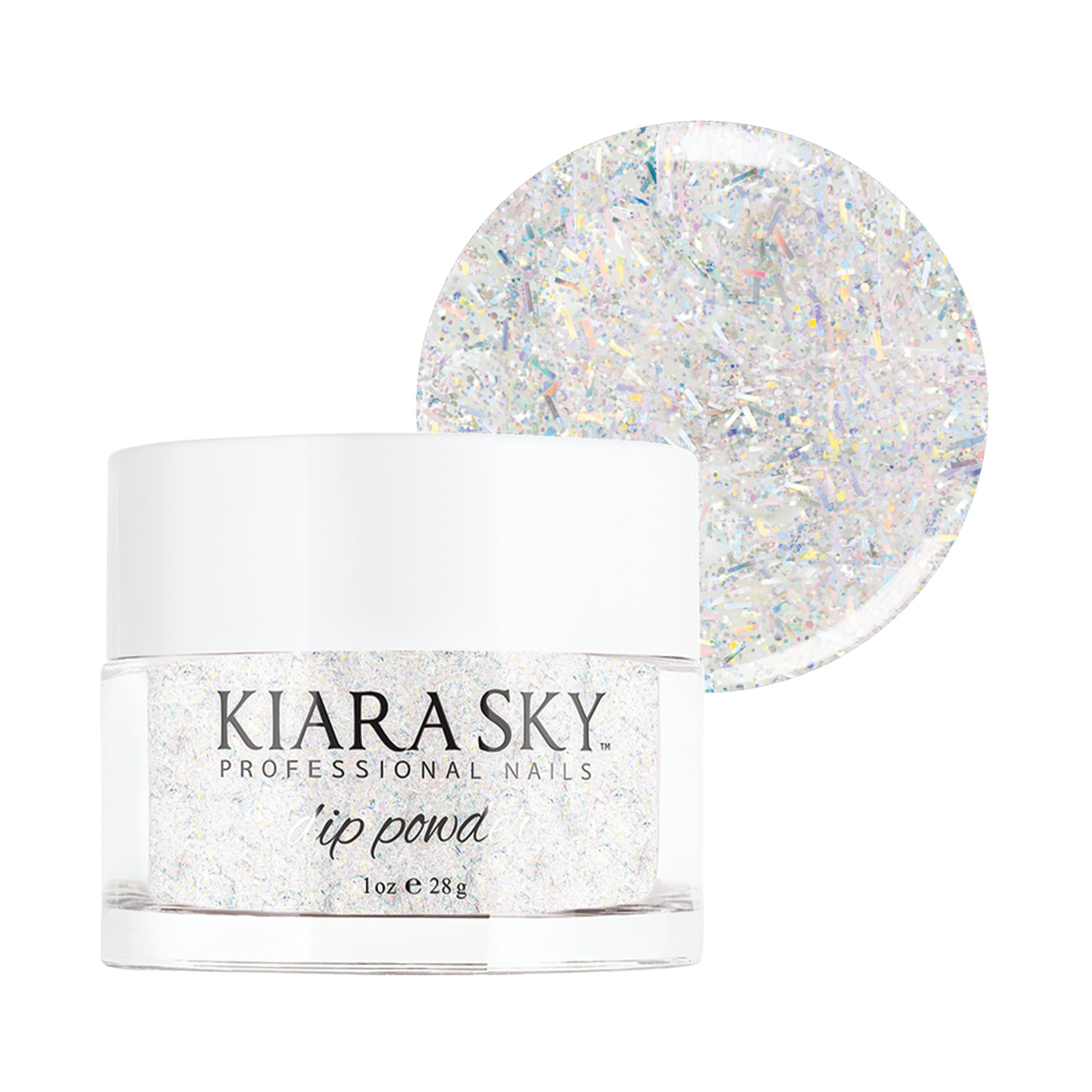 Kiara Sky dip powder Shooting Star jar shows vibrant silver tones for nails.
