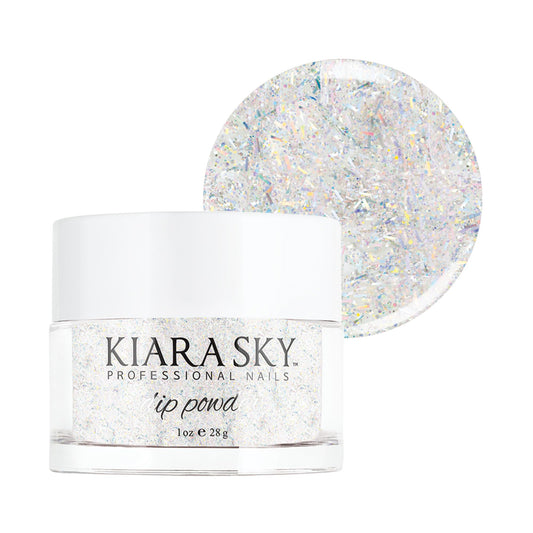 Kiara Sky dip powder Shooting Star jar shows vibrant silver tones for nails.