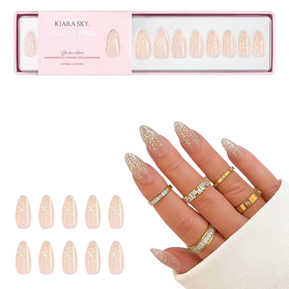 Kiara Sky Glisten Here almond medium nails with glitter ombre for chic evenings
