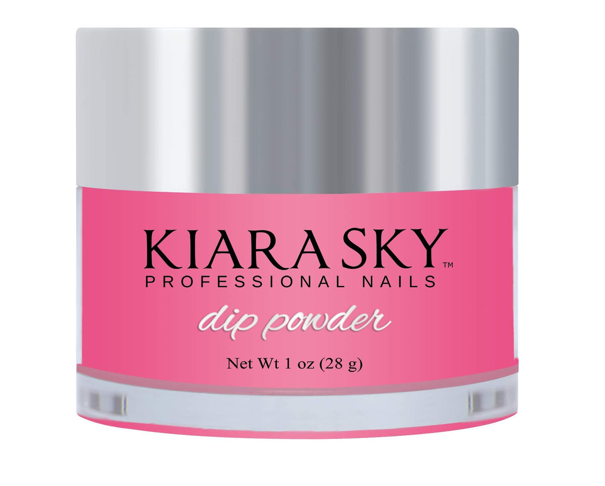 Kiara Sky Flamin-Glo dip powder bottle close-up with pink glow for radiant nails.