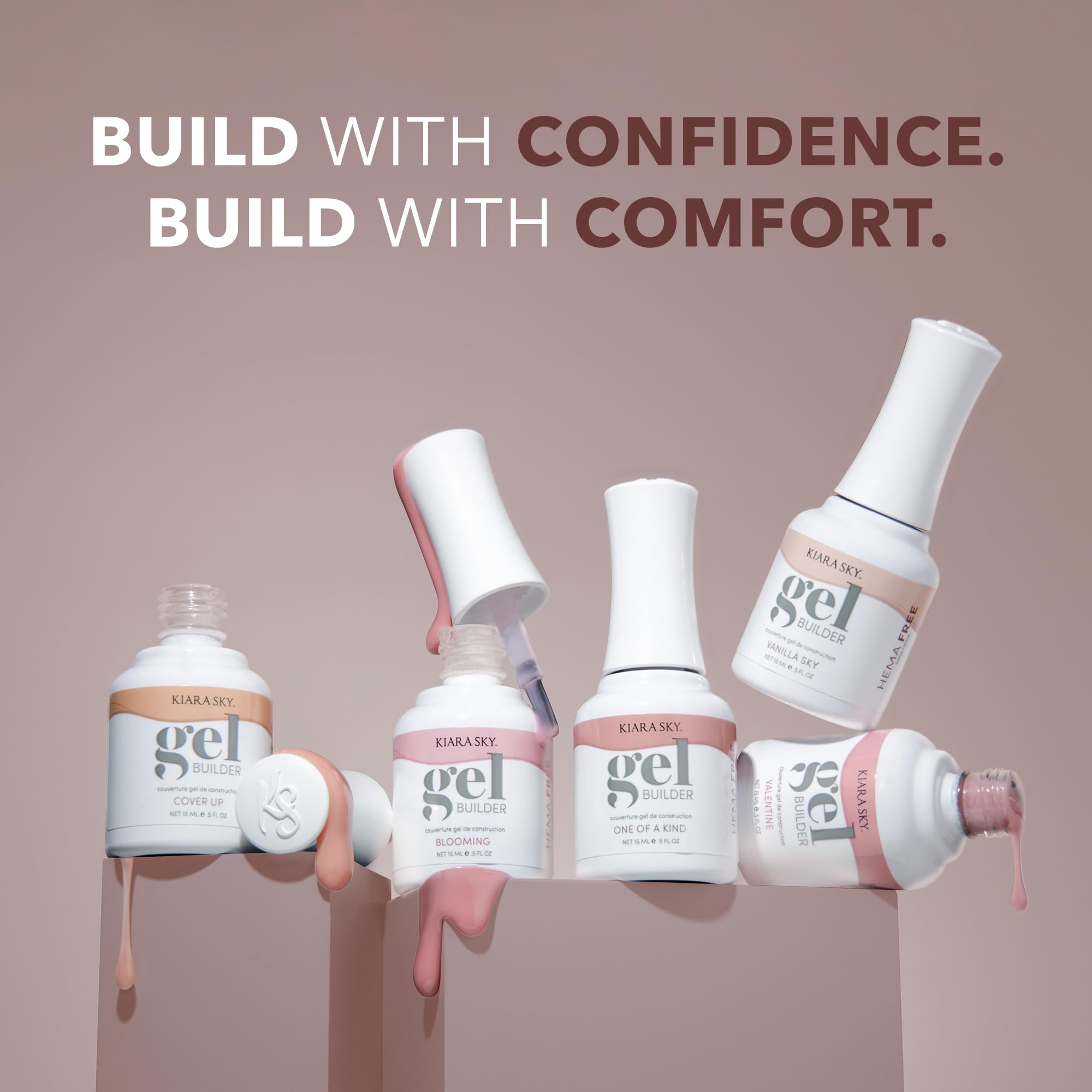 HEMA-free and hypoallergenic KIARA SKY builder gel packaging for sensitive users.