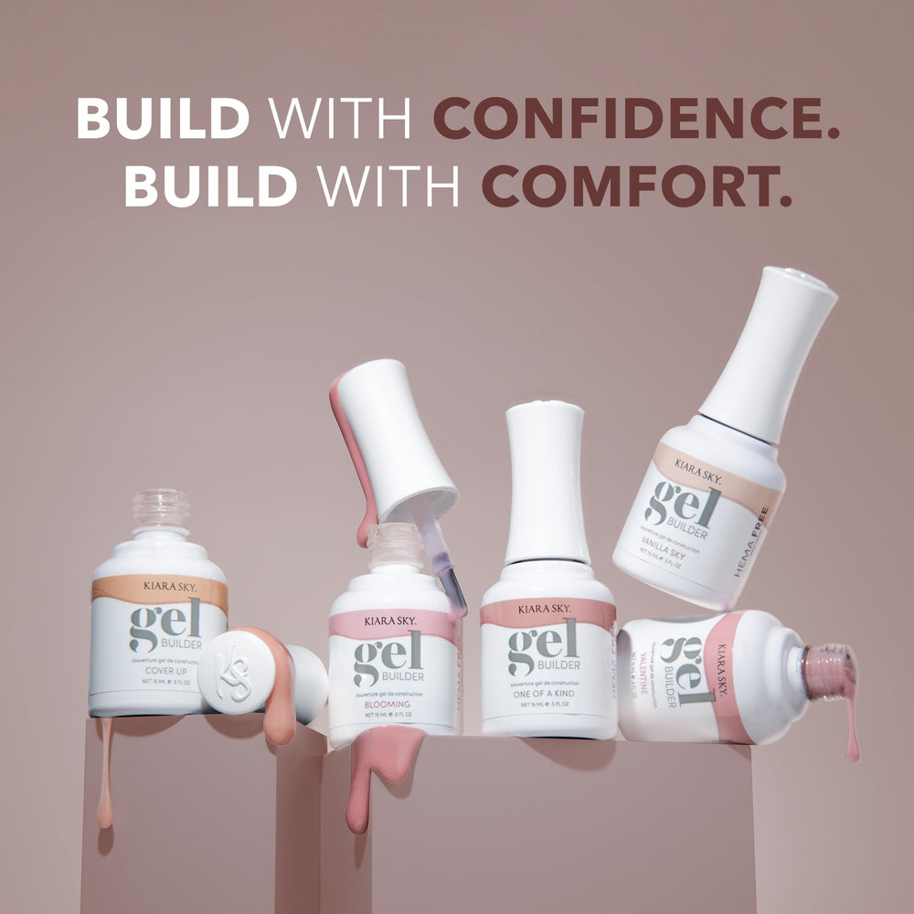 HEMA-free and hypoallergenic KIARA SKY builder gel packaging for sensitive users.