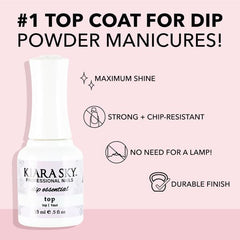 Kiara Sky Liquid Essentials top coat bottle delivers a glossy, long-lasting finish.