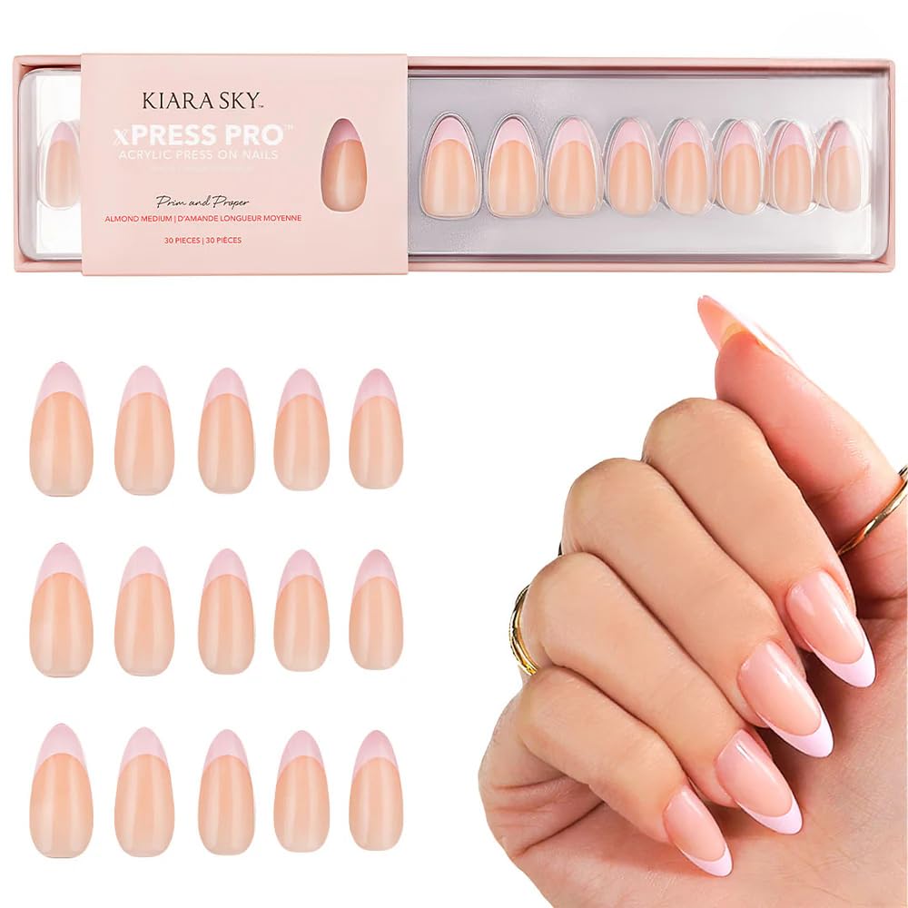 Kiara Sky Prim and Proper almond press-on nails with chic nude and pink tip.