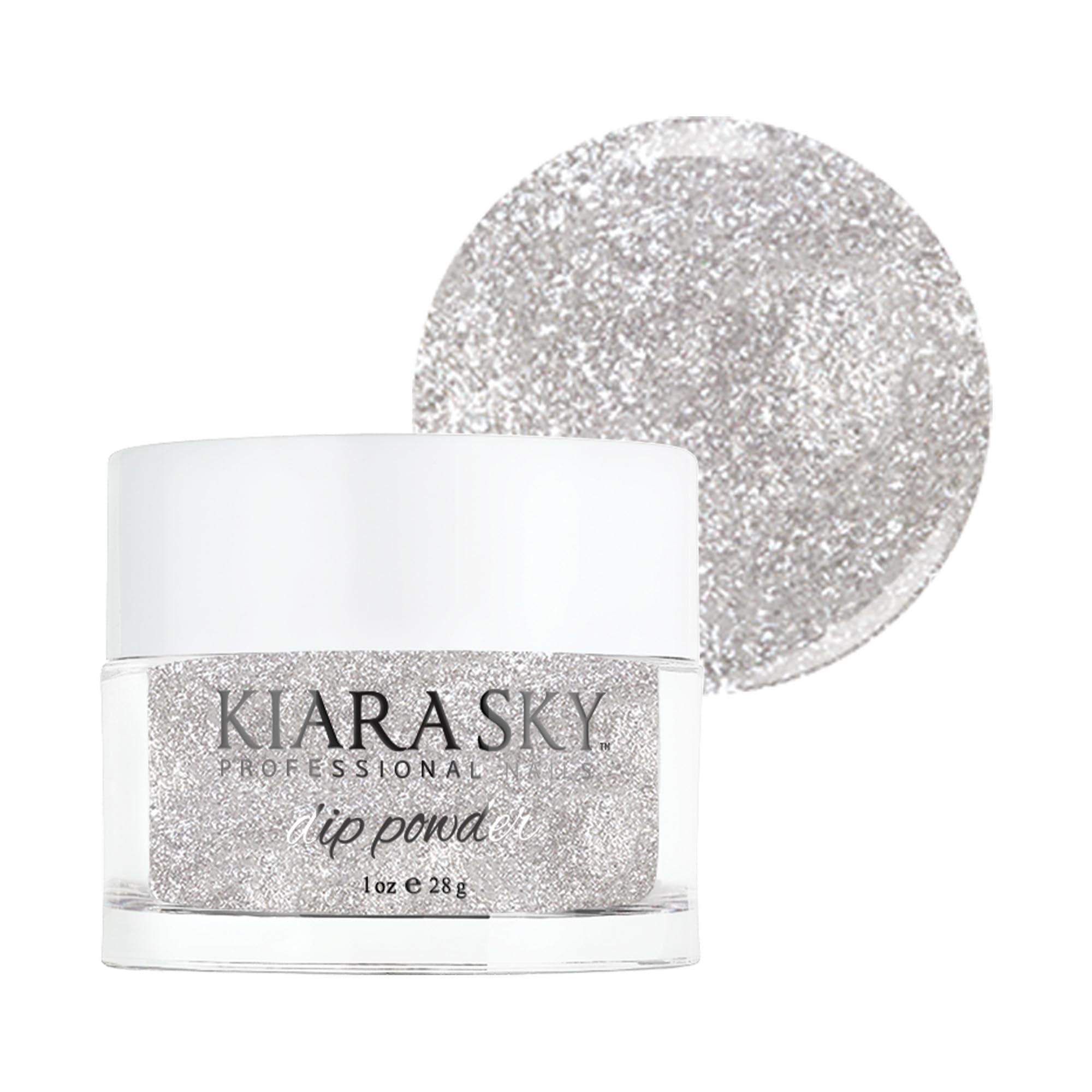 Kiara Sky Winter Wonderland dip powder bottle close-up showing a crisp white shade for durable nails.
