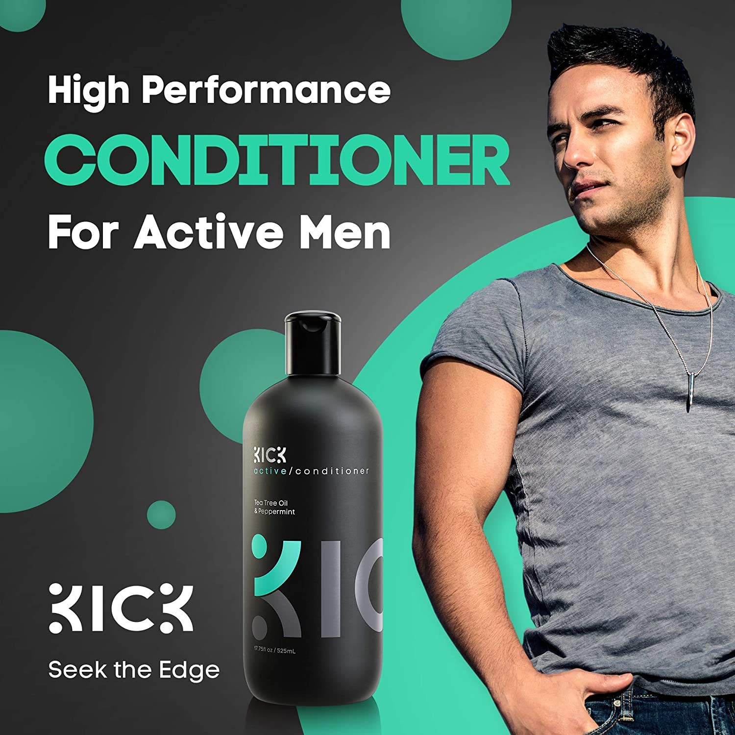 Kick Mens Conditioner Tea Tree bottle closeup highlights premium packaging and branding.