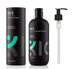 Kick Mens Conditioner Tea Tree bottle pour shows easy application and refreshing scent.