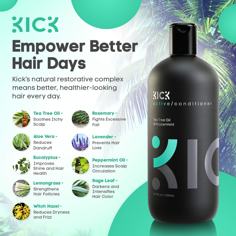 Kick Mens Conditioner Tea Tree hair soft shine after use.